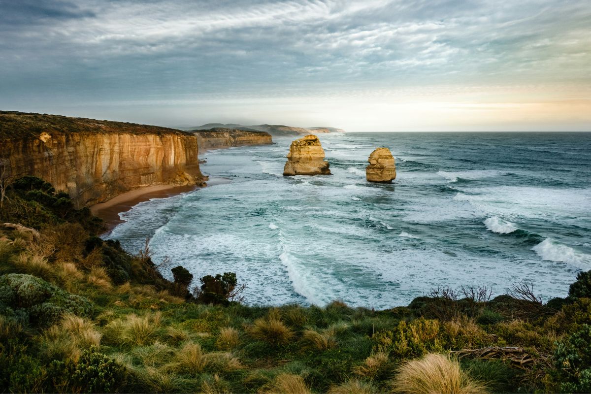 Limestone stacks of the Twelve Apostles on the Great Ocean Road at dusk
