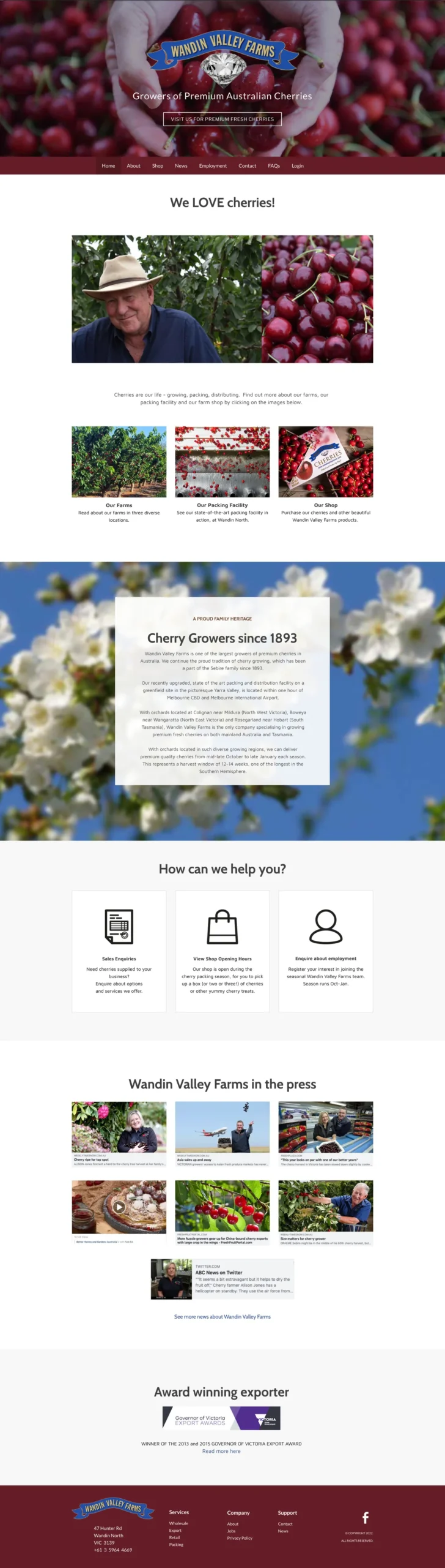 Wandin Valley Farms website before the redesign